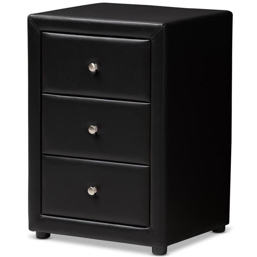 Baxton Studio Tessa Modern and Contemporary Black Faux Leather Upholstered 3-Drawer Nightstand